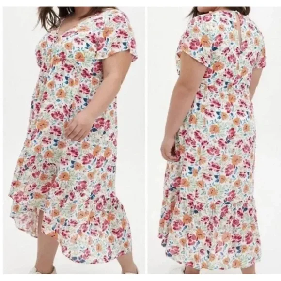 NWT TORRID Women’s Ivory Ditsy Floral Gauze Button Front Tea-Length Dress Sz 2X - Picture 1 of 16